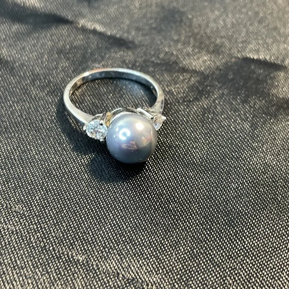 Authentic ZALES 925 Sterling Silver Gray Pearl Three Stone Ring Sz 7